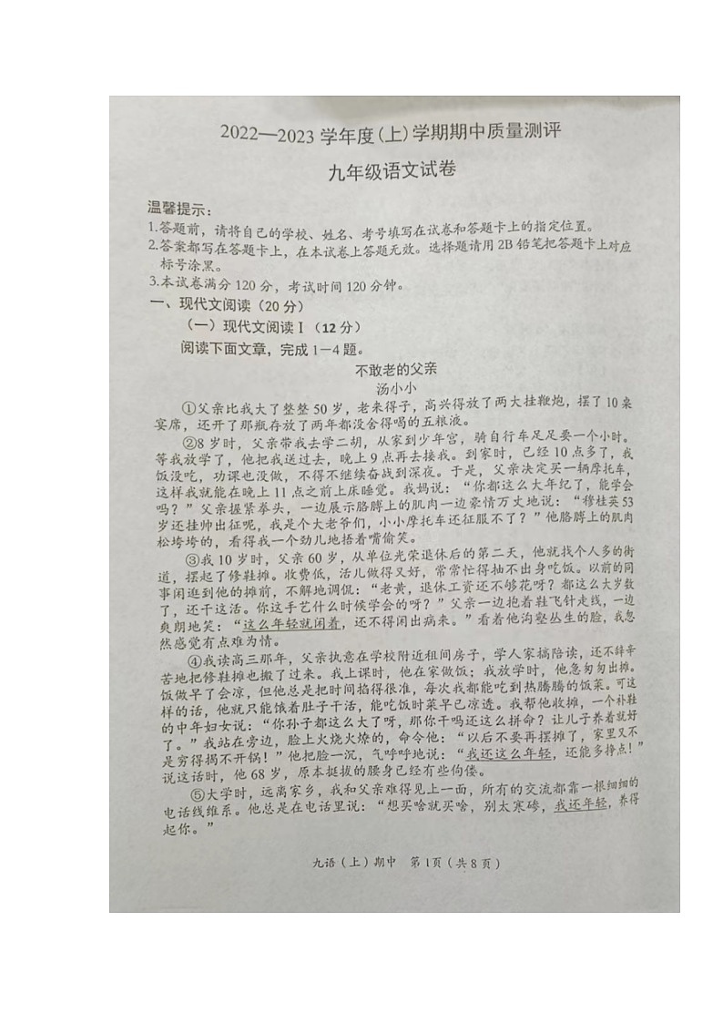 湖北省汉川市2022-2023学年九年级上学期期中质量测评语文试题第1页