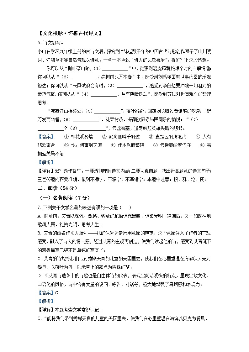 浙江省杭州市高桥教育集团2022-2023学年九年级上学期期中语文试题（解析版）03