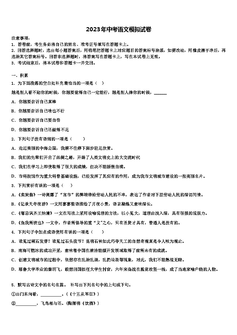 2023届安徽省阜阳九中学中考语文全真模拟试题含解析01