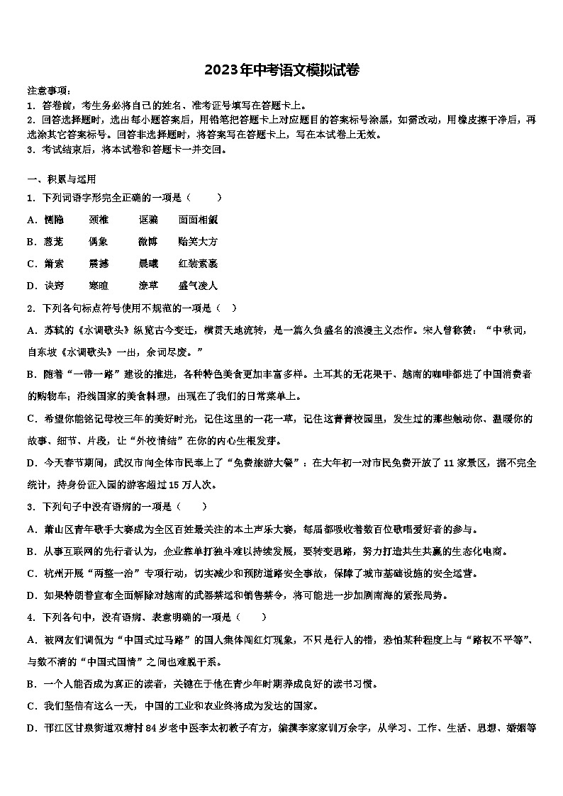 2023届安徽省合肥市42中学中考语文模拟预测题含解析01