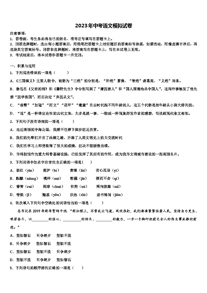 2023届安徽省合肥市滨湖区寿春中学中考二模语文试题含解析第1页