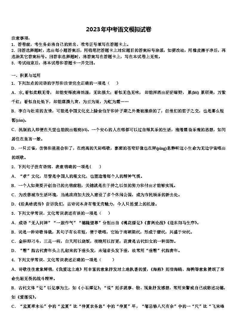 2023届甘肃省嘉峪关市市级名校中考三模语文试题含解析01