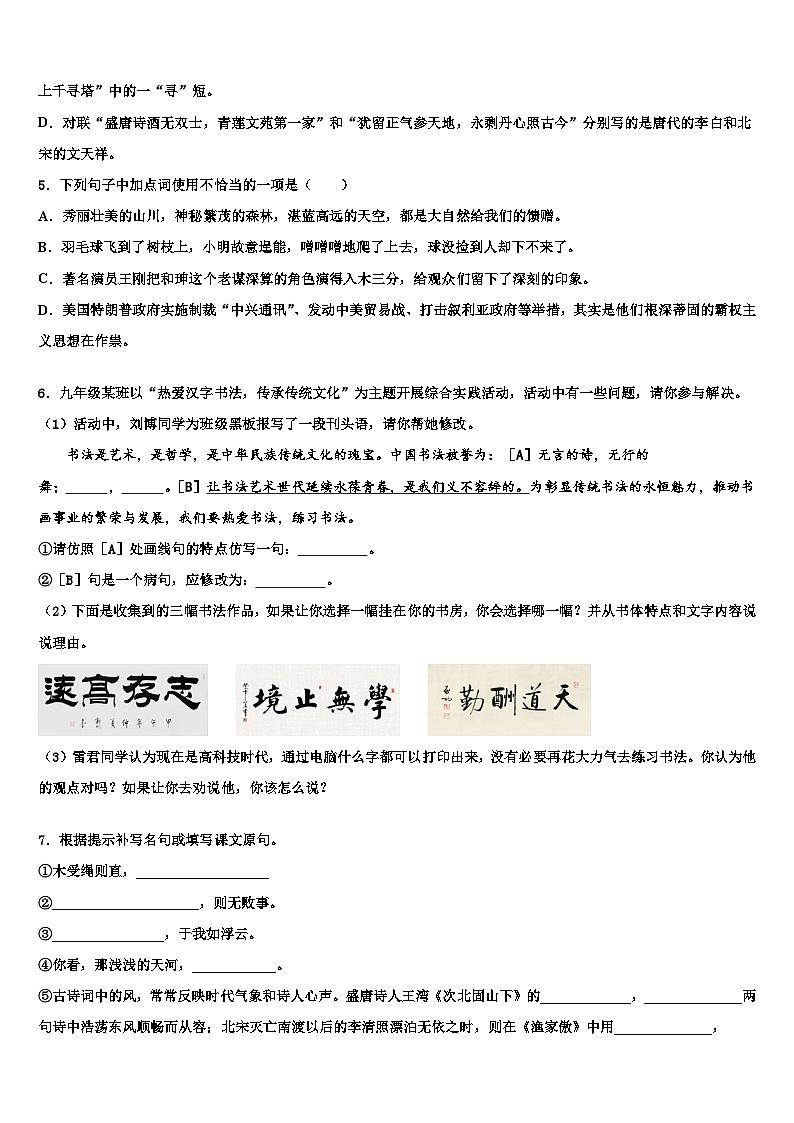 2023届甘肃省嘉峪关市市级名校中考三模语文试题含解析02