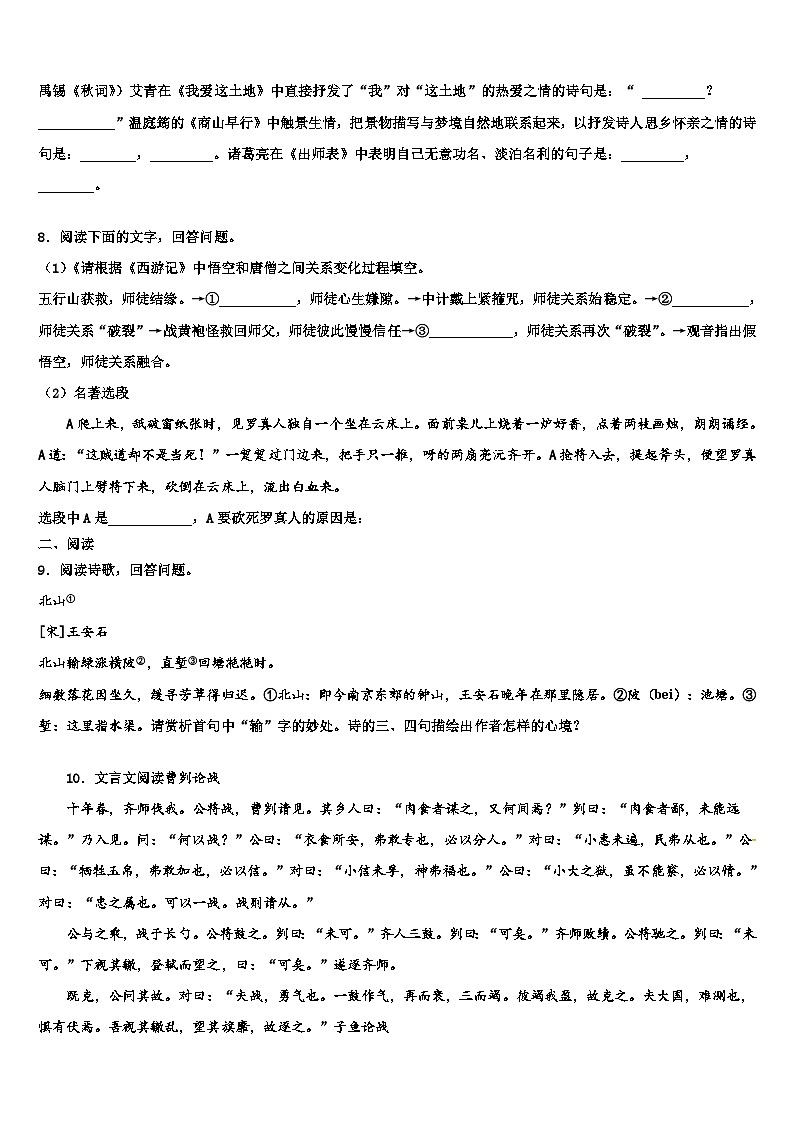 2023届甘肃省民乐县第四中学中考语文模拟精编试卷含解析03