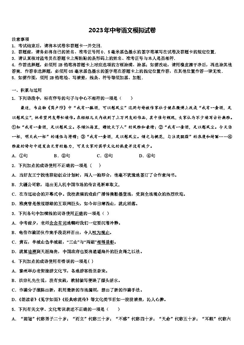 2023届甘肃省武威市民勤实验中学中考适应性考试语文试题含解析01