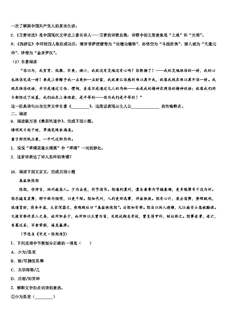 2023届甘肃省武威市民勤实验中学中考适应性考试语文试题含解析03