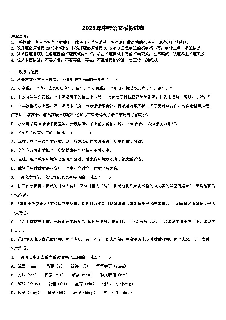 2023届甘肃省张掖市达标名校中考语文对点突破模拟试卷含解析第1页