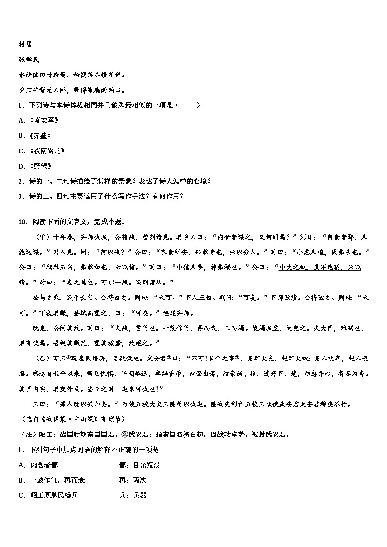 2023届广东省佛冈县达标名校中考语文模拟试题含解析03