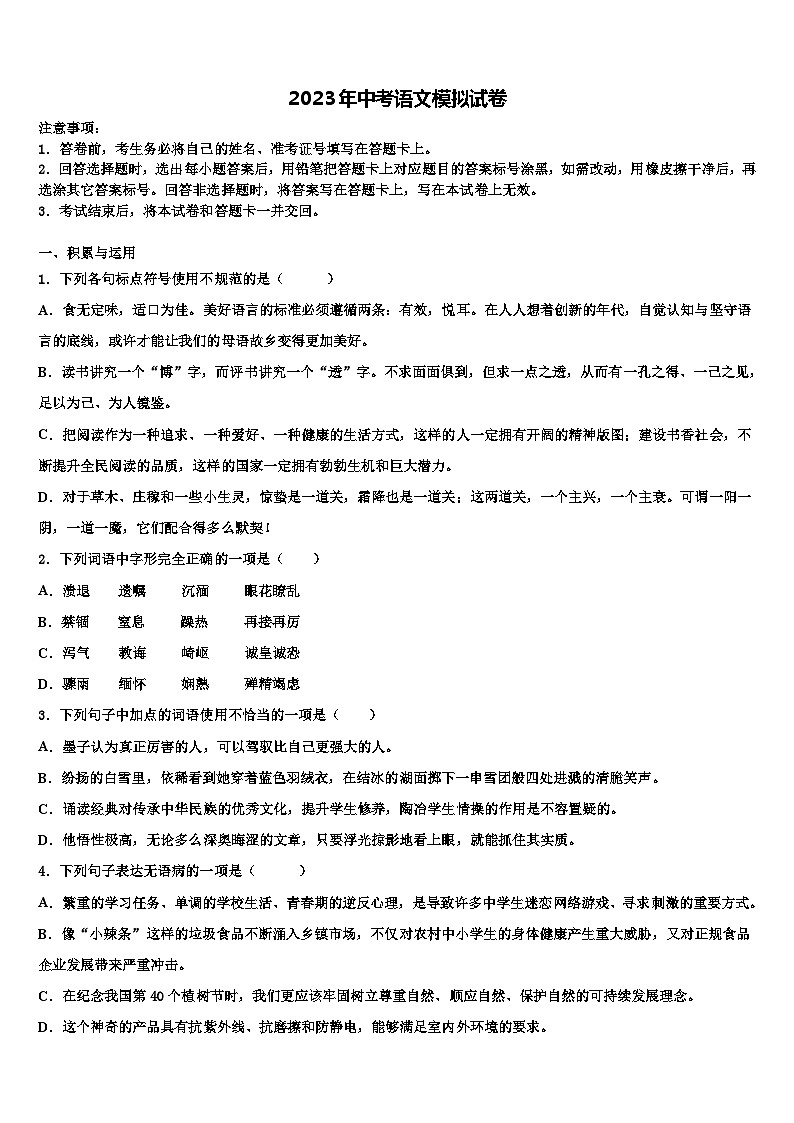 2023届广东省广州市海鸥学校中考语文对点突破模拟试卷含解析01