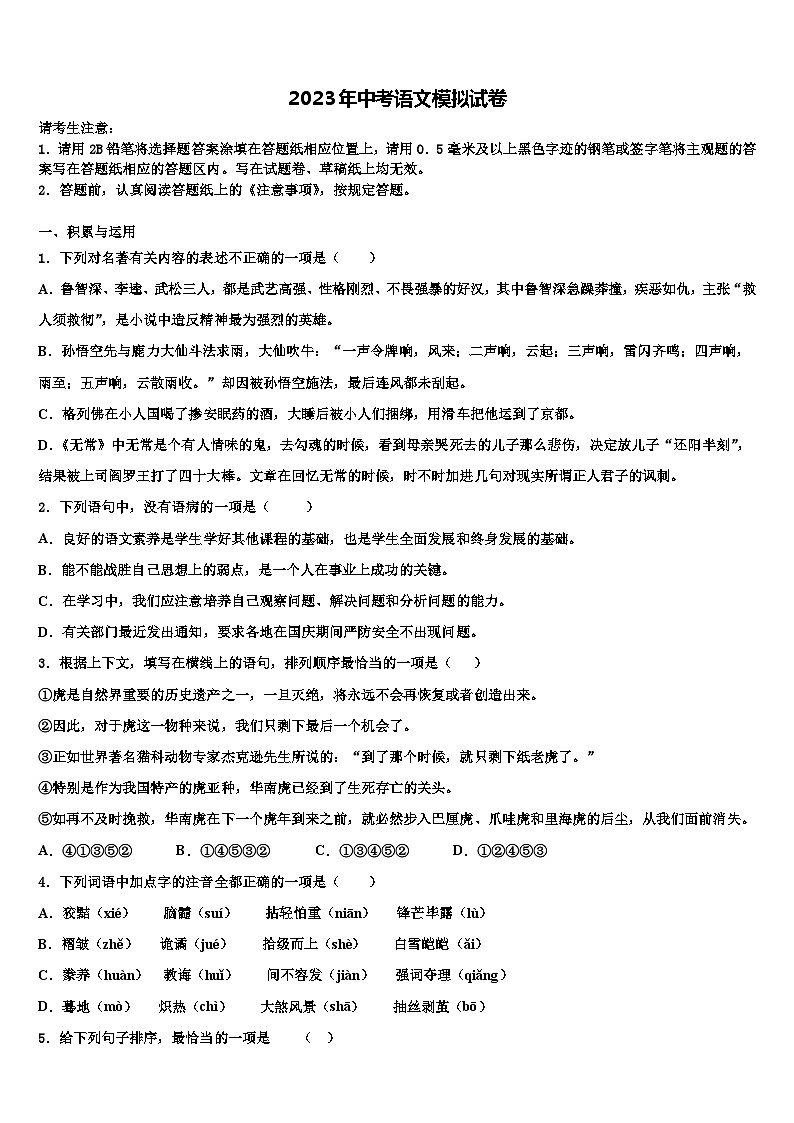 2023届广东省深圳市龙岗实验中学中考适应性考试语文试题含解析01