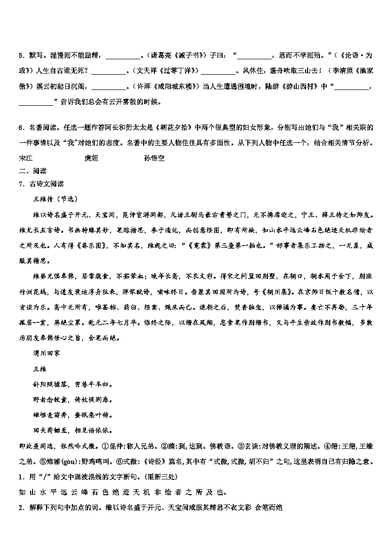 2023届广东省深圳市龙华实验学校中考五模语文试题含解析02