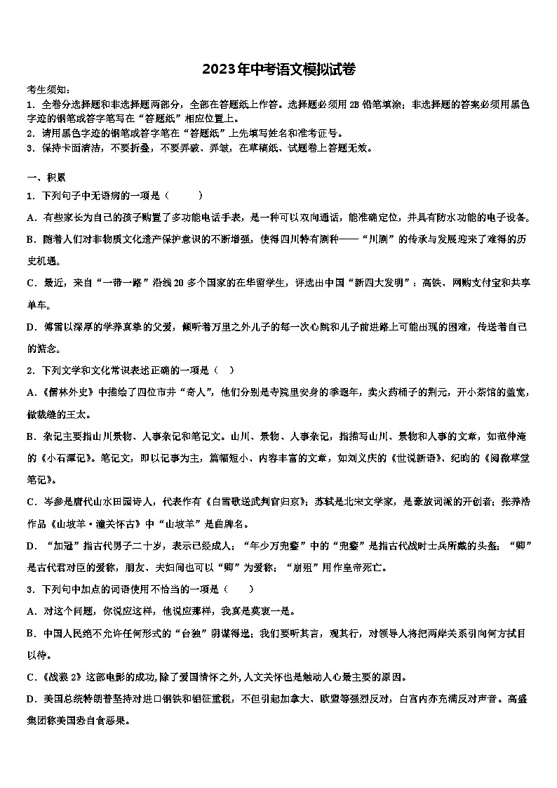 2023届广东省深圳市坪山区市级名校中考联考语文试题含解析01