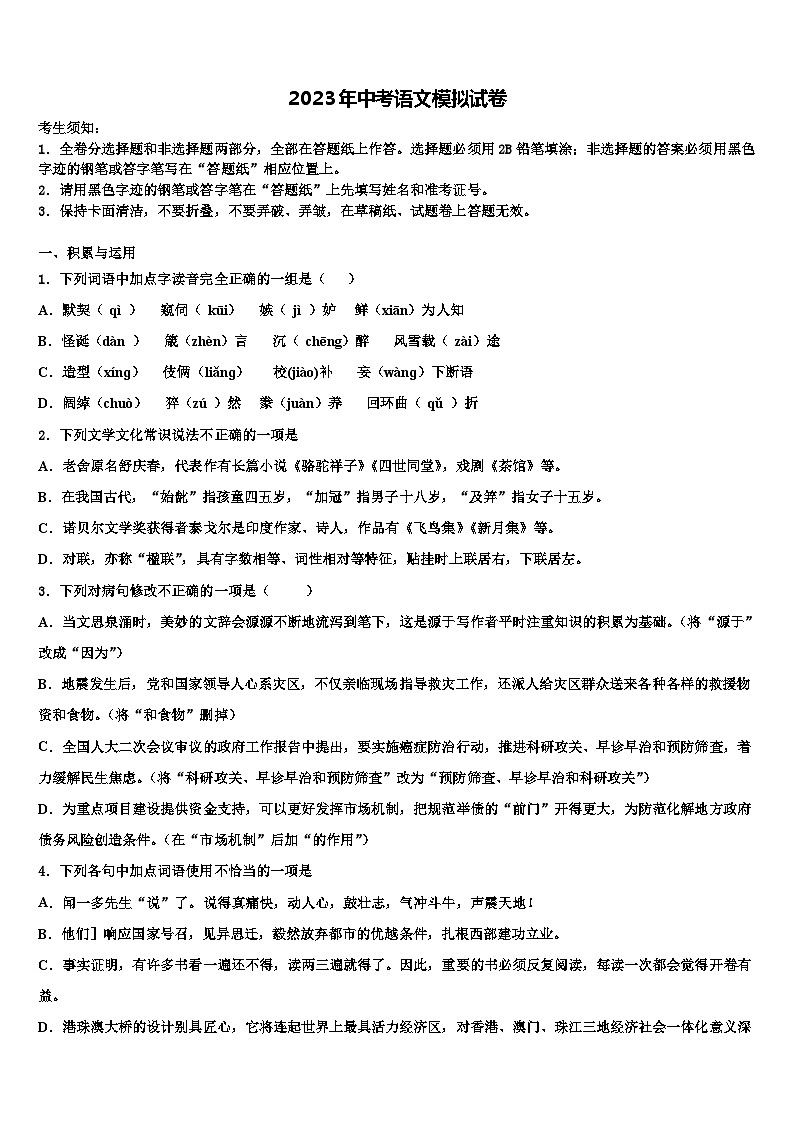 2023届广东省中学山市板芙镇中考语文对点突破模拟试卷含解析01
