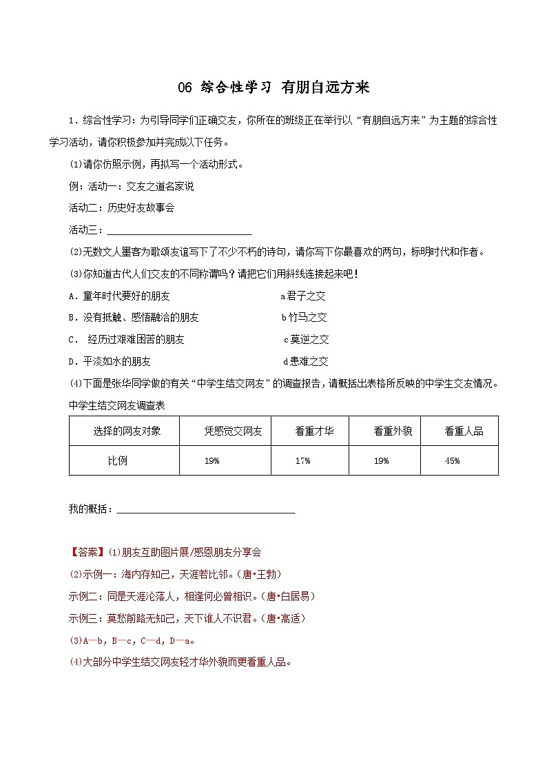06 综合性学习 有朋自远方来－2023-2024学年七年级语文上册知识（考点）梳理与能力训练01
