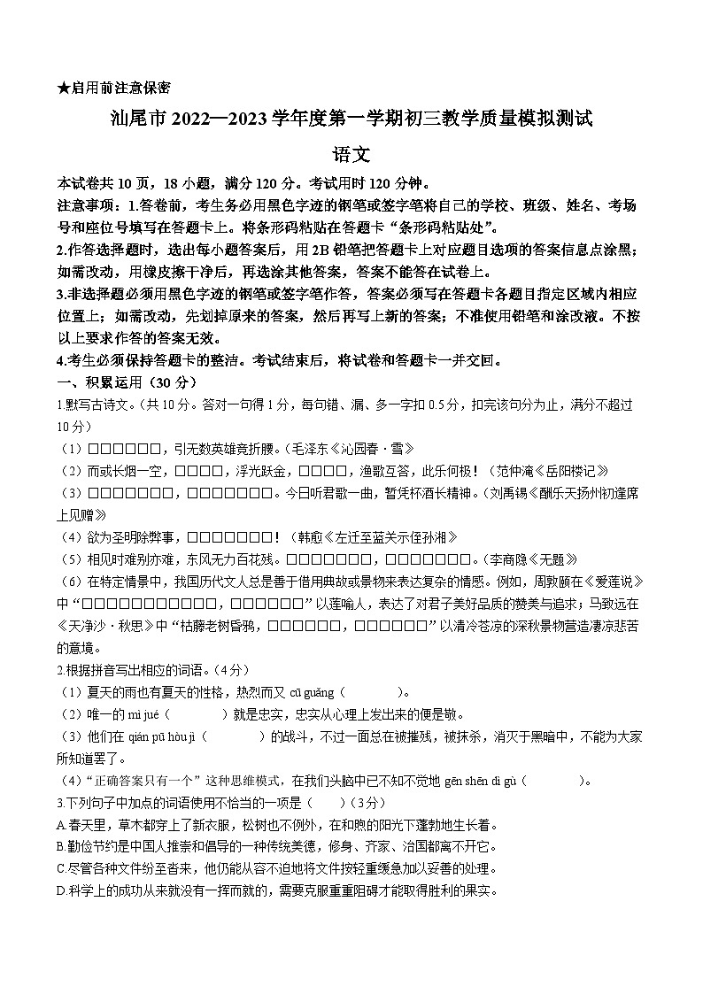 广东省汕尾市2022-2023学年九年级上学期期末语文试题01