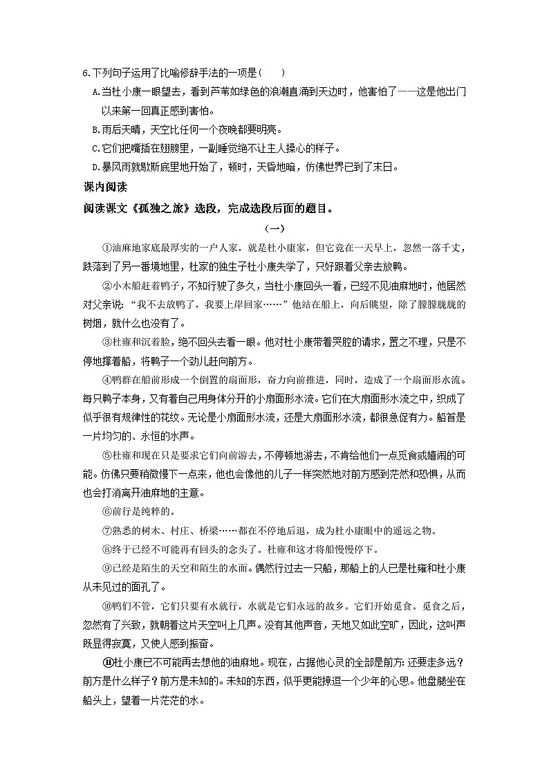 统编版语文九年级上第17课《孤独之旅》同步测试02