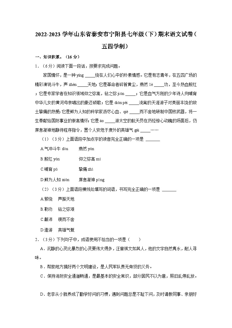 山东省泰安市宁阳县2022-2023学年（五四学制）七年级下学期期末语文试卷01