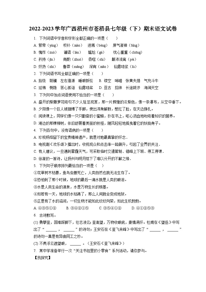 2022-2023学年广西梧州市苍梧县七年级（下）期末语文试卷（含答案解析）01