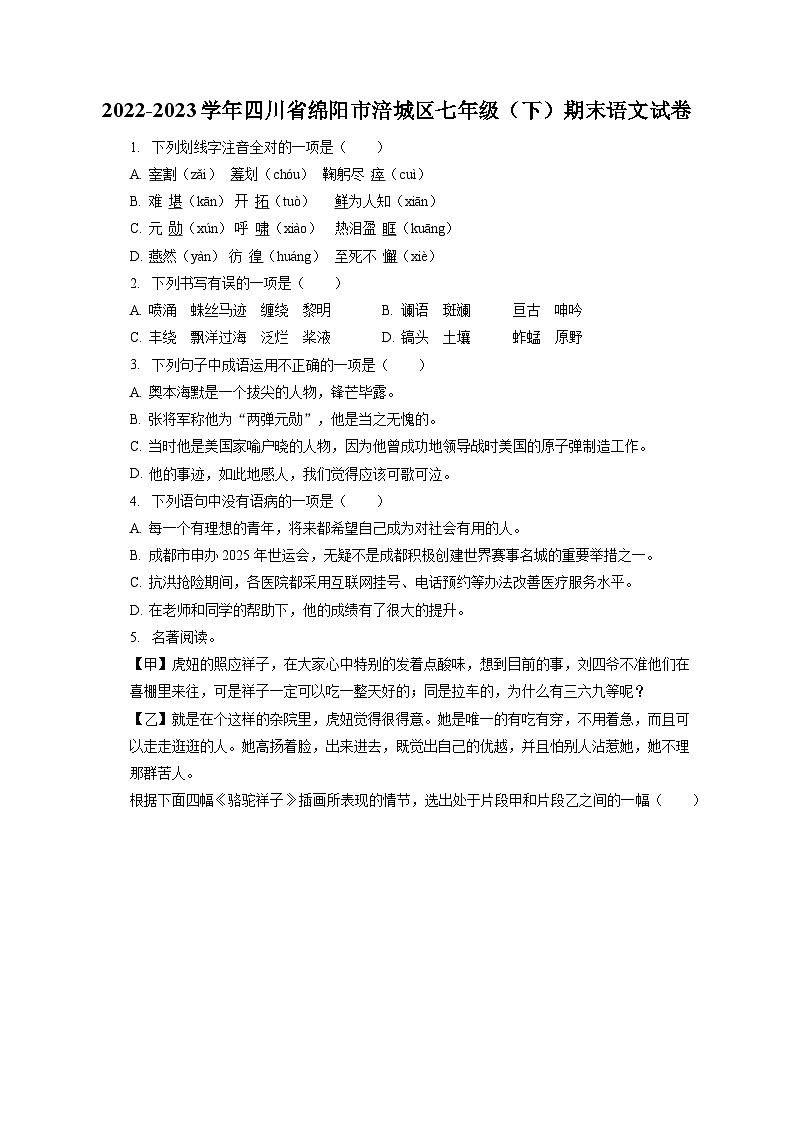 2022-2023学年四川省绵阳市涪城区七年级（下）期末语文试卷（含答案解析）第1页