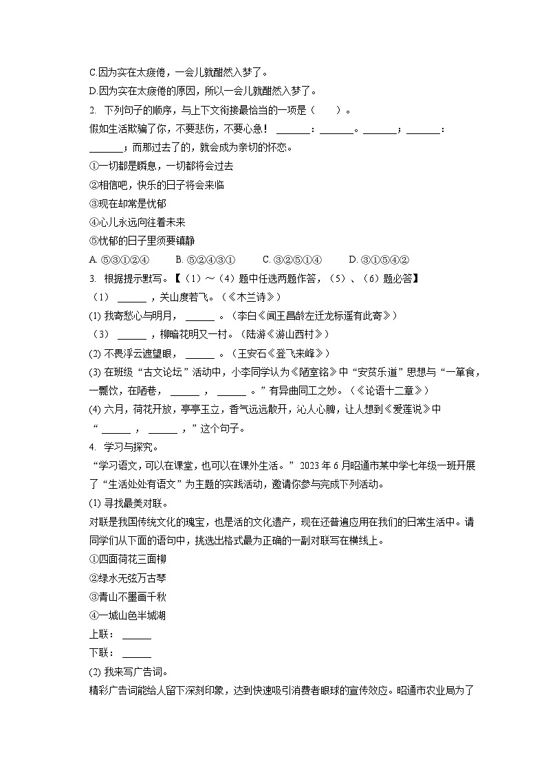 2022-2023学年云南省昭通市七年级（下）期末语文试卷（含答案解析）第2页