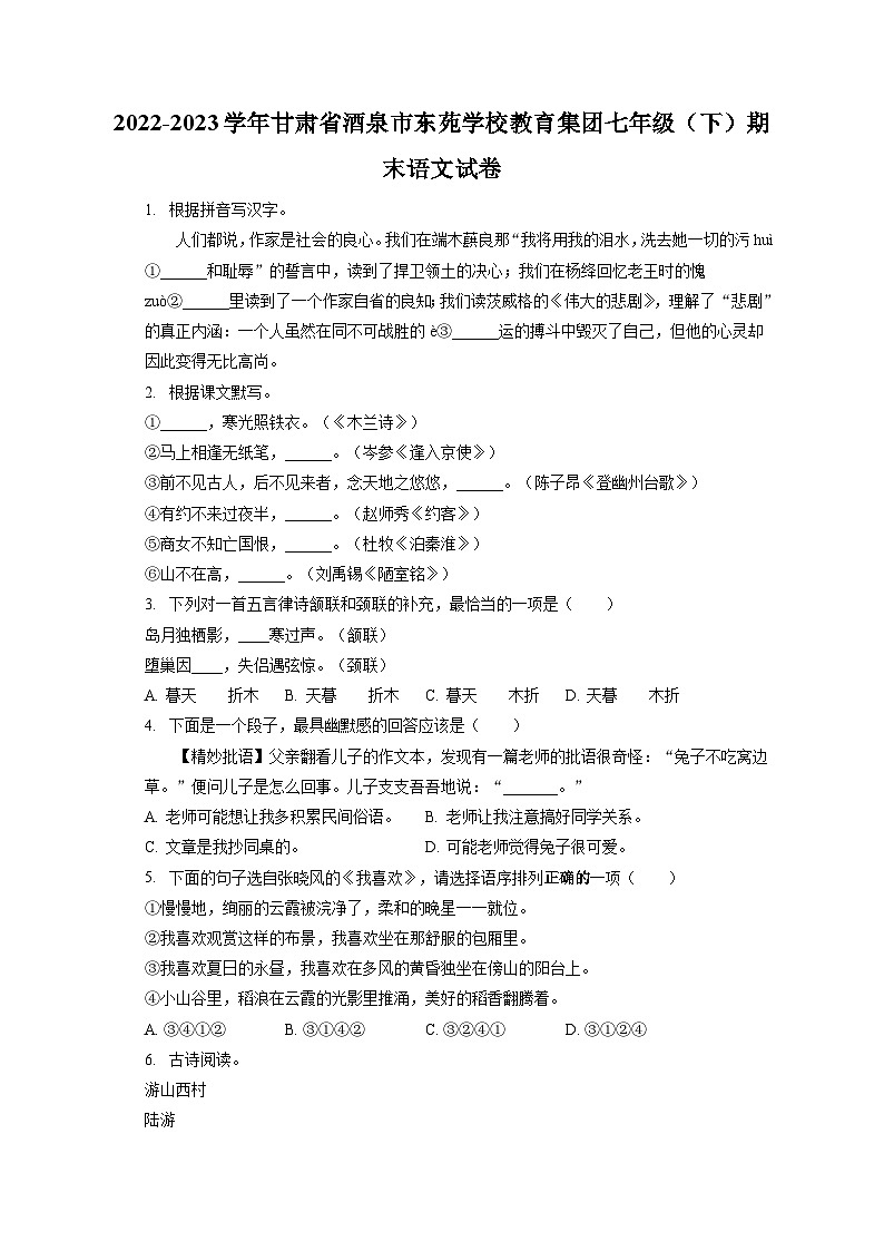 2022-2023学年甘肃省酒泉市东苑学校教育集团七年级（下）期末语文试卷（含答案解析）01