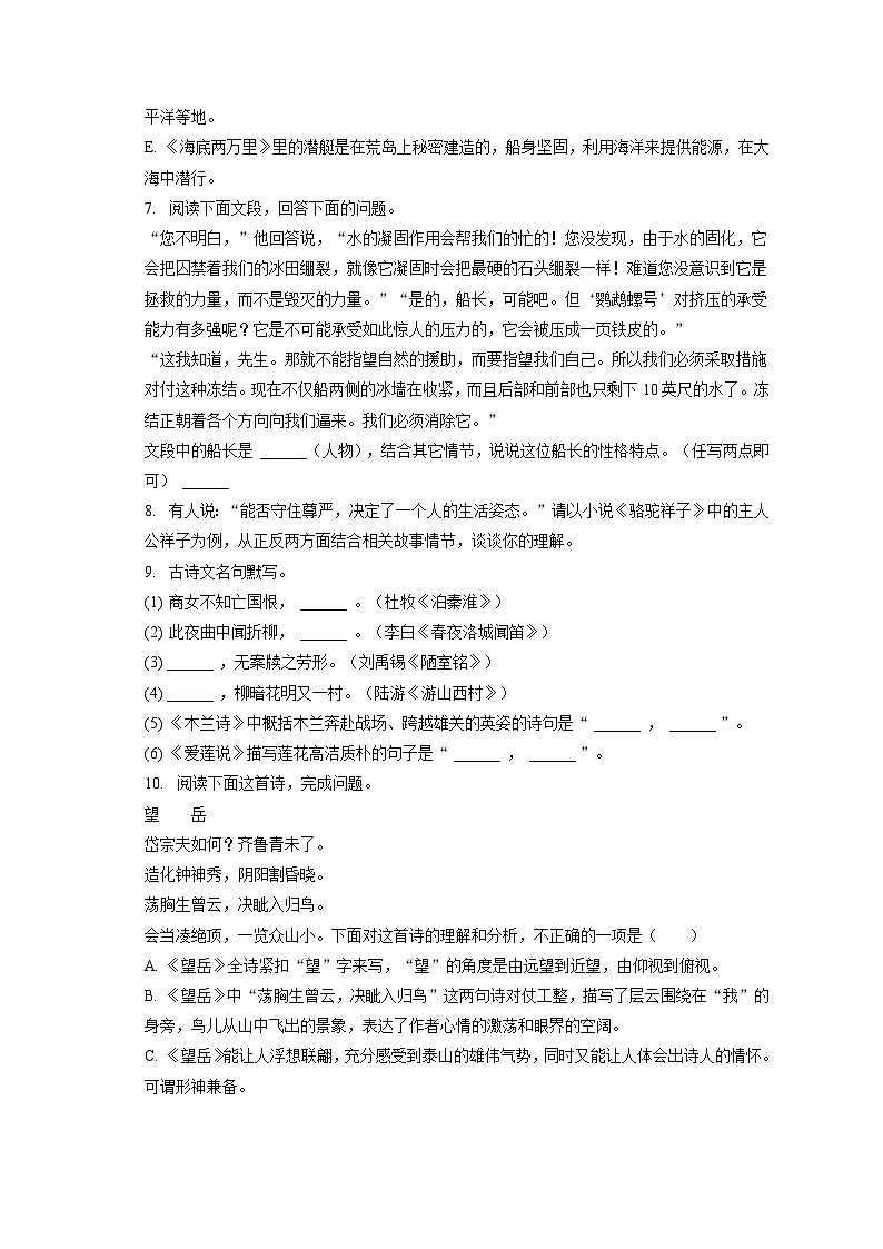 2020-2021学年新疆克拉玛依市白碱滩区七年级（下）期末语文试卷（含答案解析）02