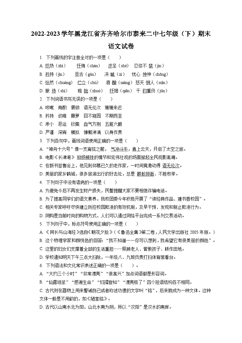 2022-2023学年黑龙江省齐齐哈尔市泰来二中七年级（下）期末语文试卷（含答案解析）01