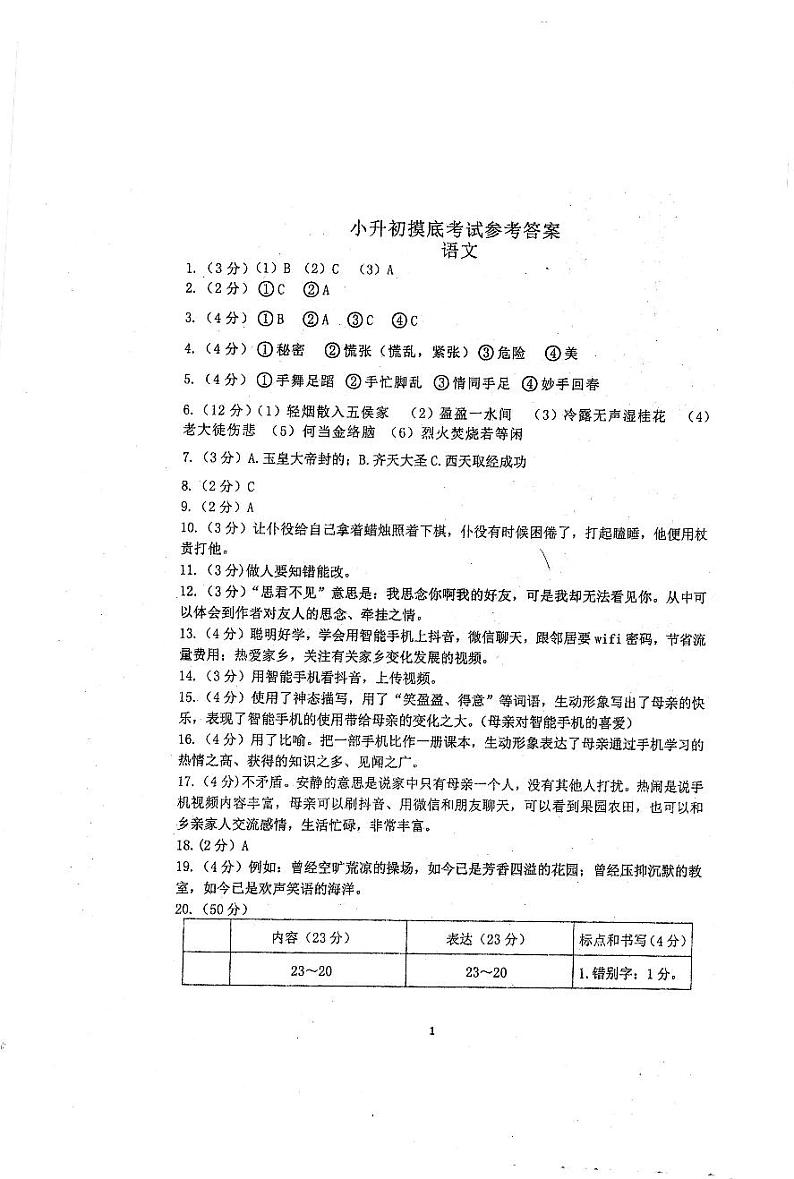辽宁省大连市沙河口区2023-2024学年上学期初一入学摸底测试语文答案第1页