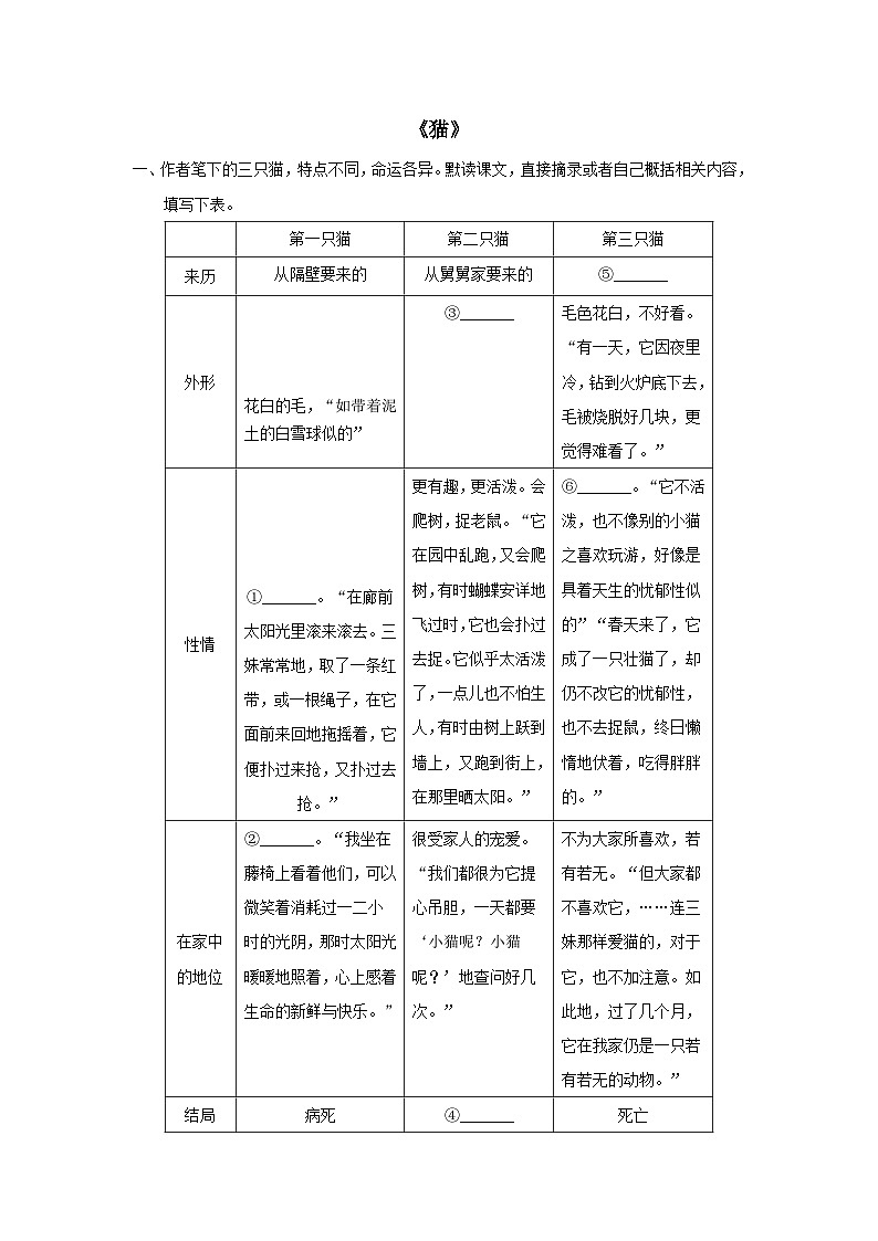 2023七年级语文上册第五单元16猫课后习题（部编版）01