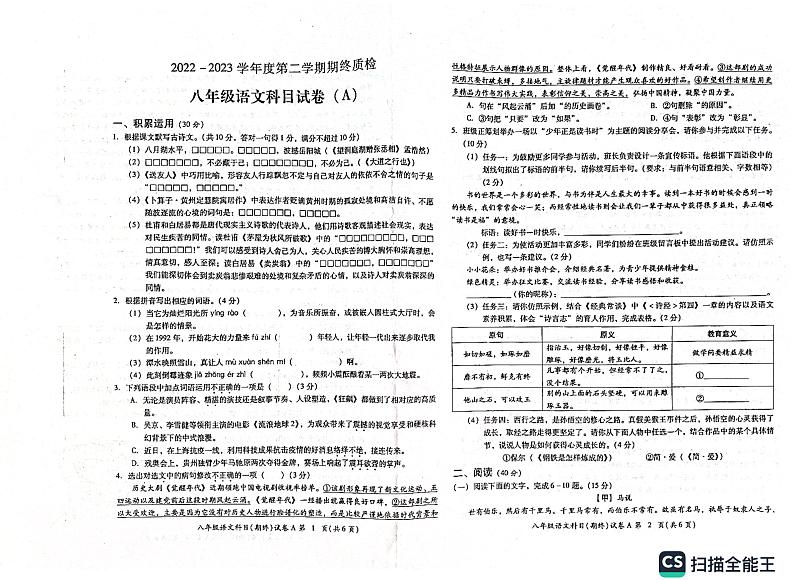 广东省揭阳市揭东区2022-2023年度第二学期期终质检八年级语文科目试卷+答题01