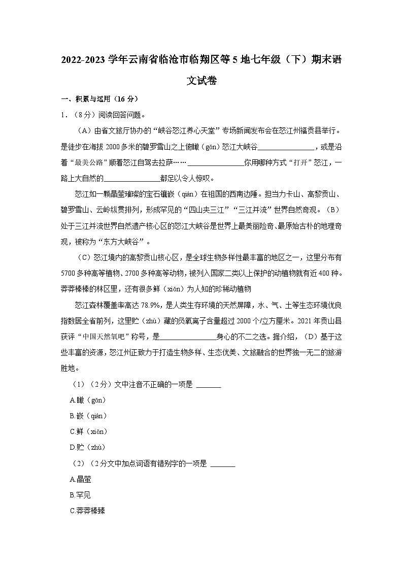 云南省临沧市临翔区等5地2022-2023学年七年级下学期期末考试语文试卷01