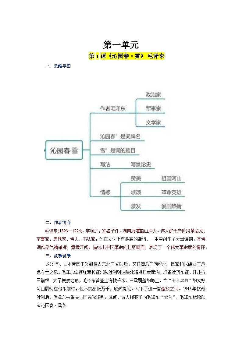 2023-2024学年九上语文第一单元同步必背知识清单原卷+解析版01