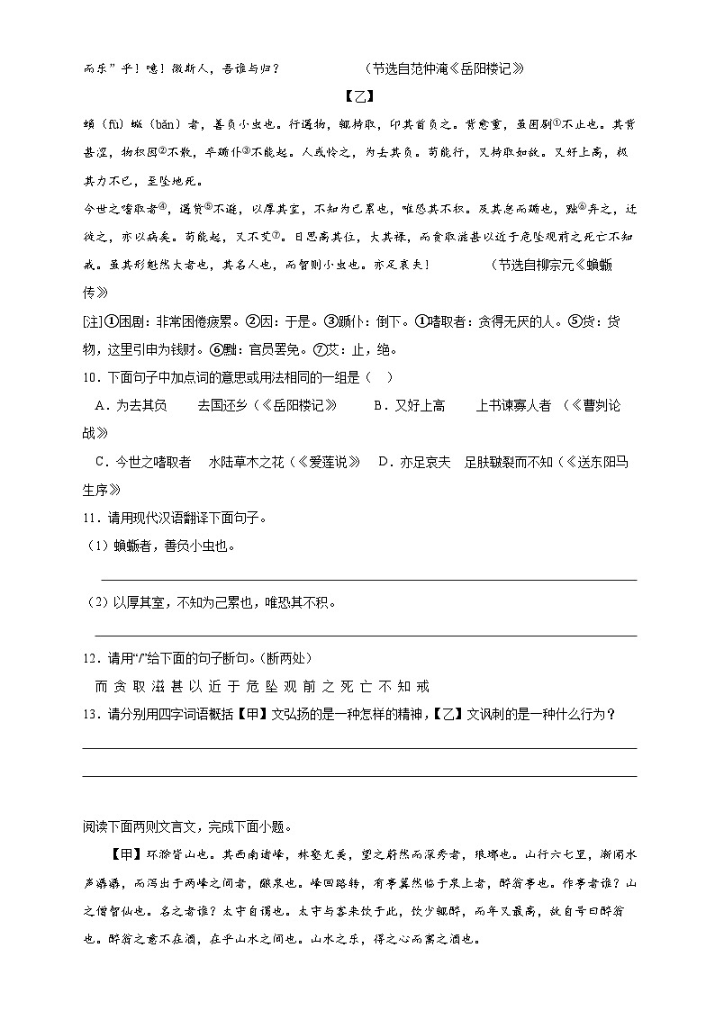 《岳阳楼记》《醉翁亭记》对比阅读专练(原卷+答案解释)  2023-2024学年部编版九年级语文上册03