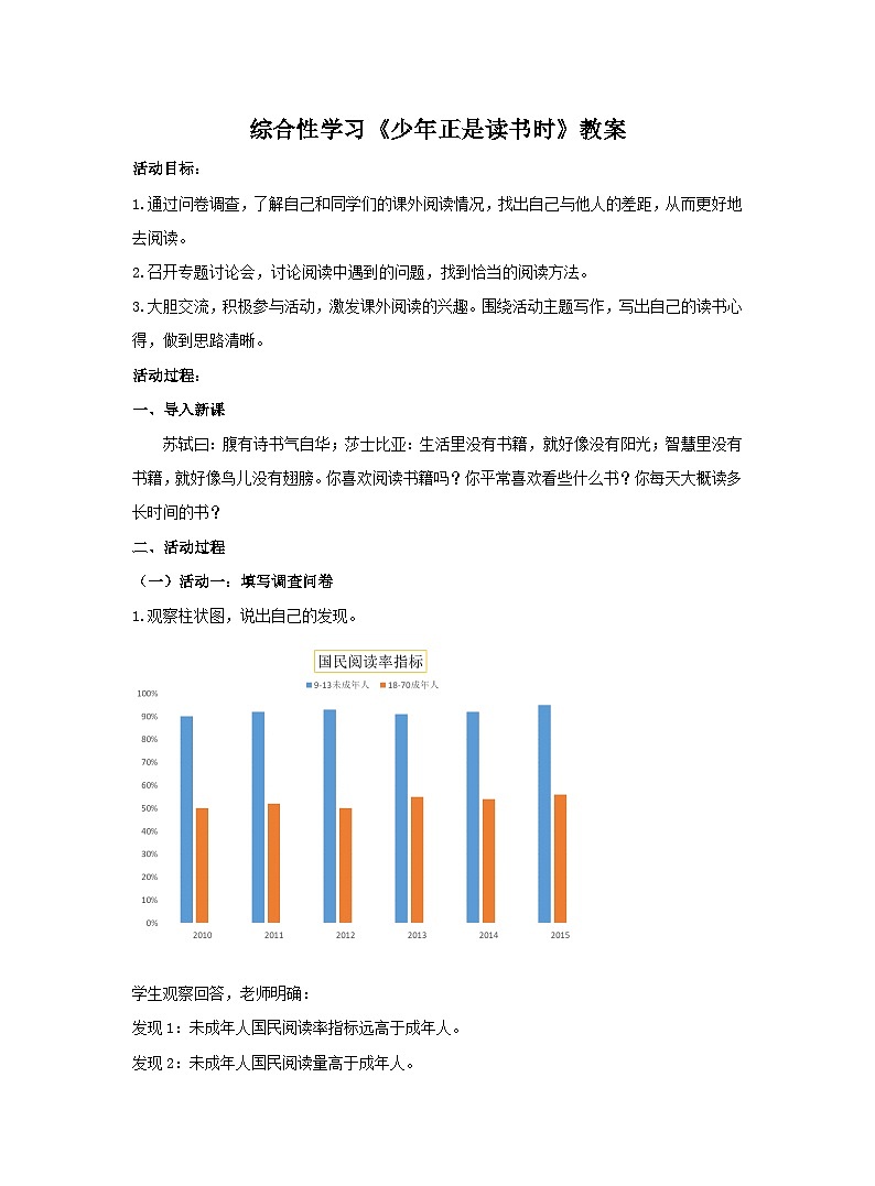统编版七年级语文上册四单元综合性学习《少年正是读书时》教案第1页