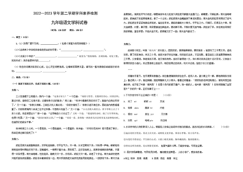 山东省齐河县马集乡中学2022-2023学年度第二学期第一次月考9年级语文试题01
