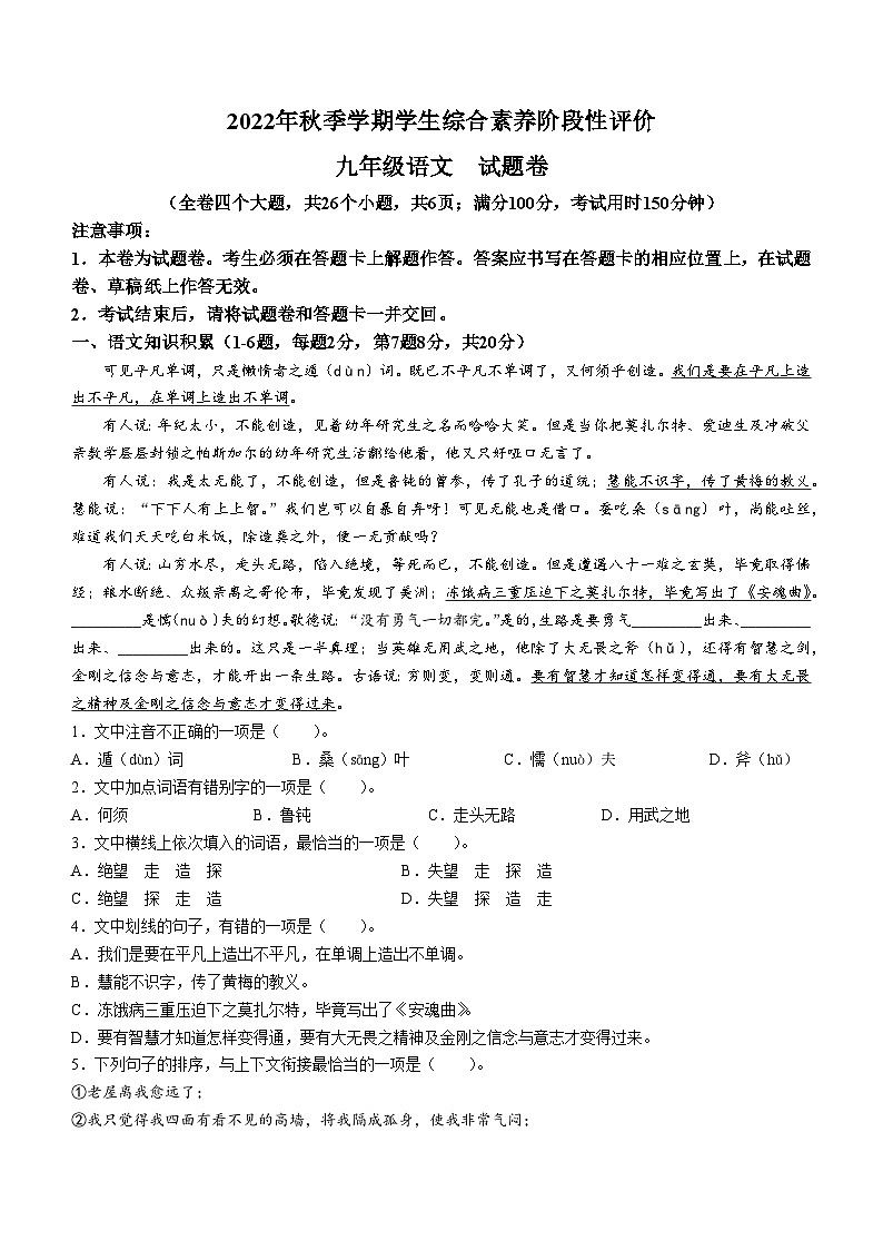 云南省昭通市昭阳区2022-2023学年九年级上学期期末语文试题01