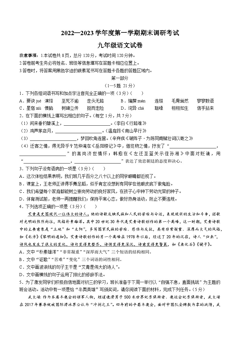 06，河北省保定市清苑区2022-2023学年九年级上学期期末语文试题第1页