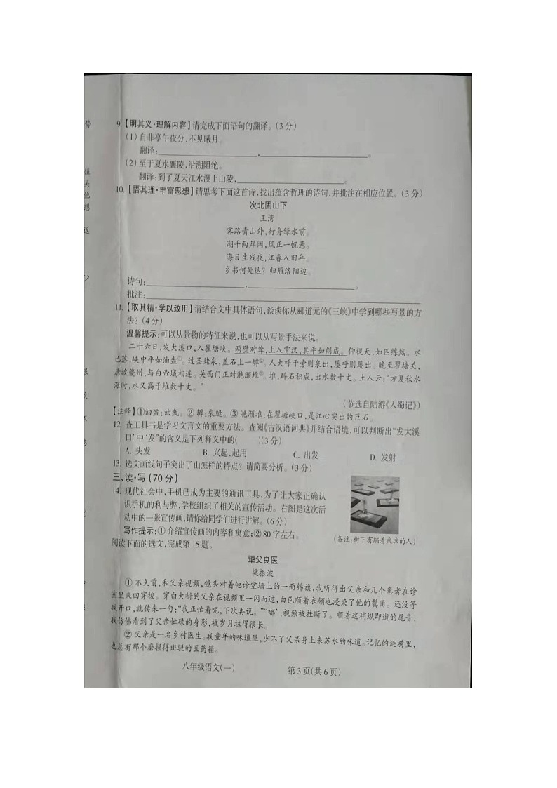 山西省朔州市右玉县教育集团2023-2024学年八年级上学期10月月考语文试题第3页