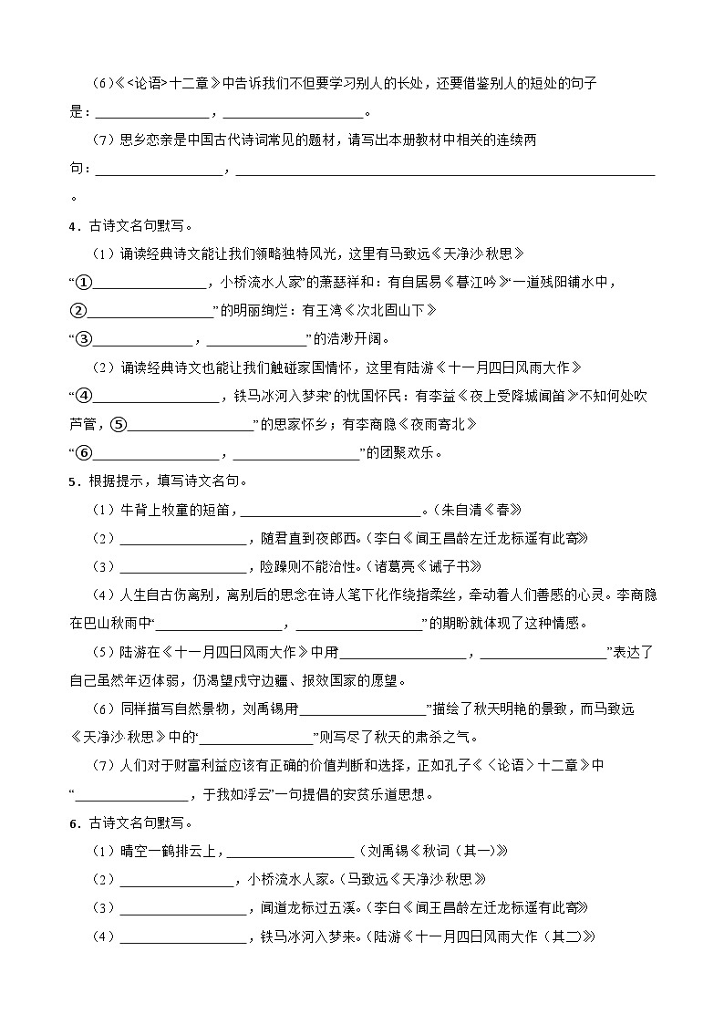（古诗文默写）统编版语文七年级上册期末专题复习（原卷版+解析版）02
