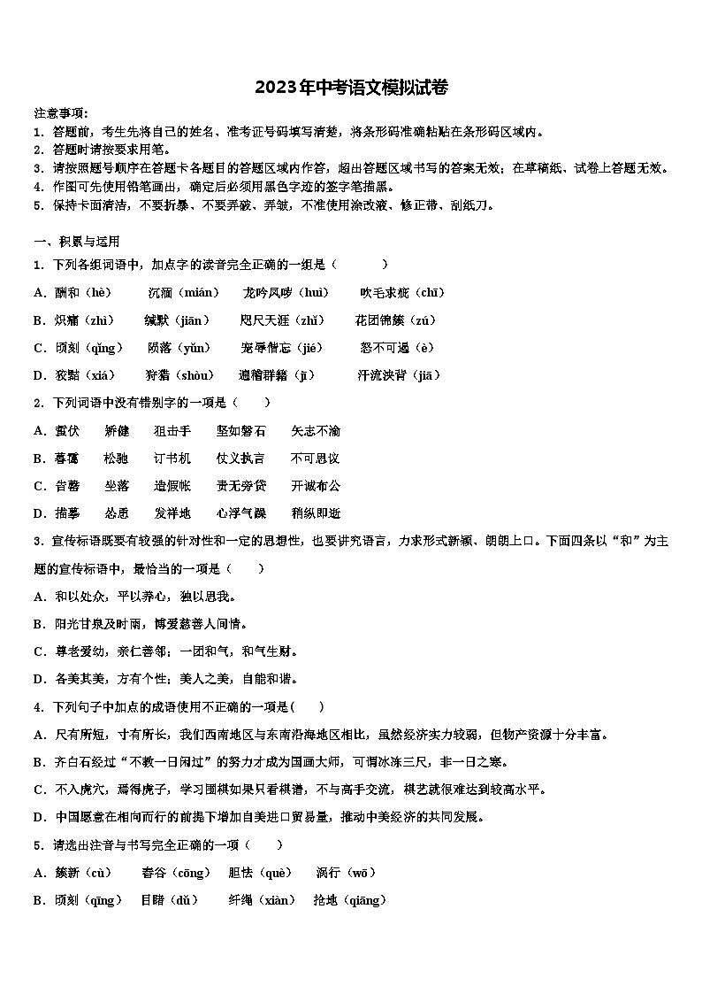 2023届广西钦州市钦州港经济技术开发区达标名校中考语文模拟预测题含解析01