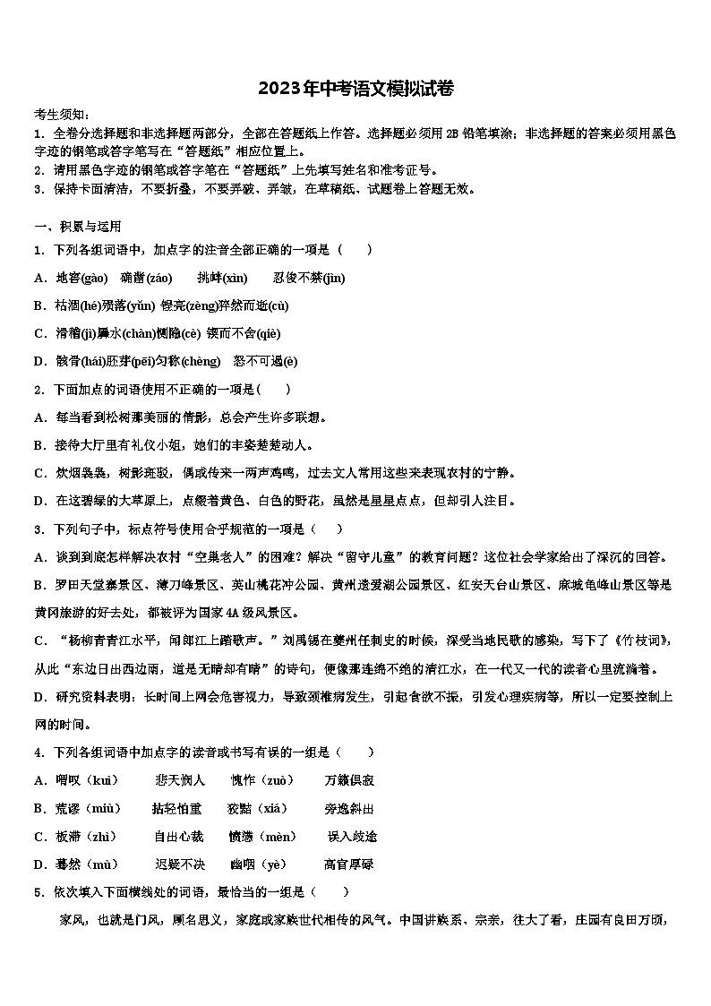 2023届贵州省桐梓县市级名校中考语文考前最后一卷含解析01