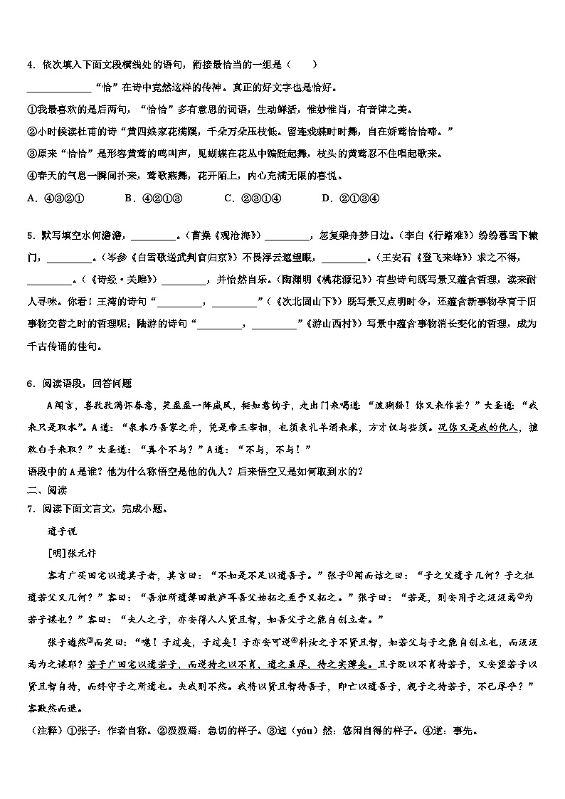 2023届河北省石家庄市藁城区中考语文五模试卷含解析02