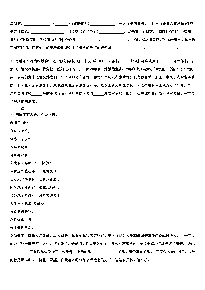 2023届河南省洛阳市李村一中学中考语文对点突破模拟试卷含解析03