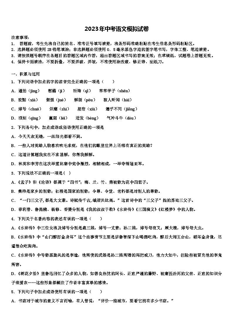 2023届河北省唐市山乐亭县重点中学十校联考最后语文试题含解析第1页