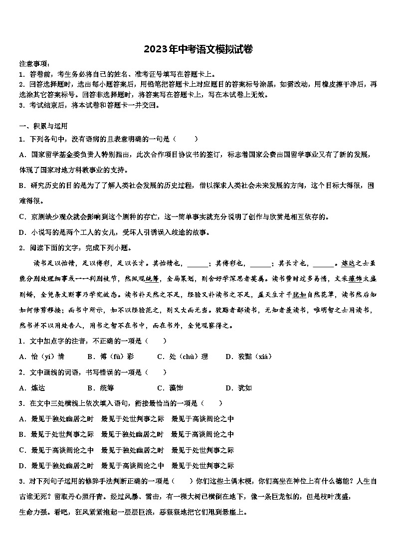 2023届湖北省天门天宜国际校中考三模语文试题含解析01