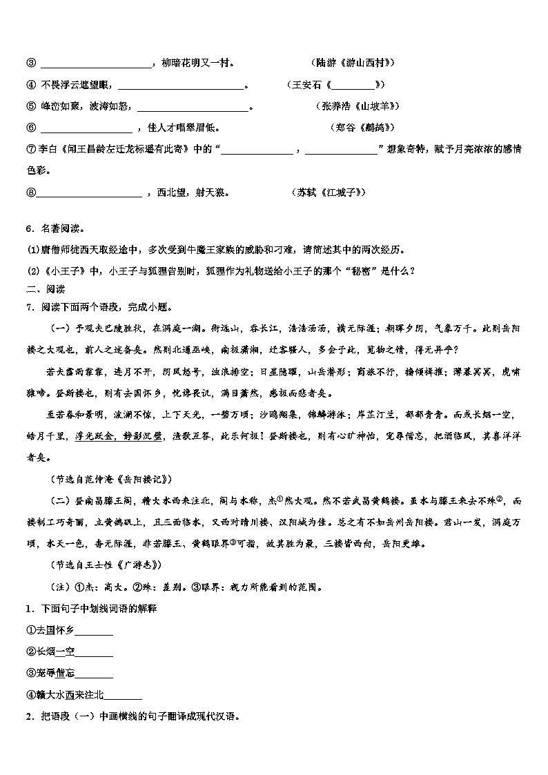 2023届湖北省武汉十三中学中考五模语文试题含解析02