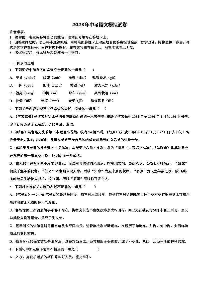 2023届湖北省武汉市武昌区北片重点中学中考语文全真模拟试题含解析01