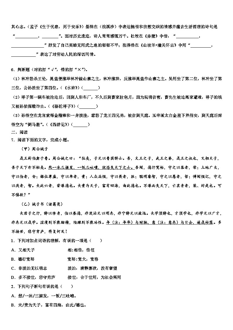 2023届湖南省澧县市级名校中考语文模拟试题含解析02