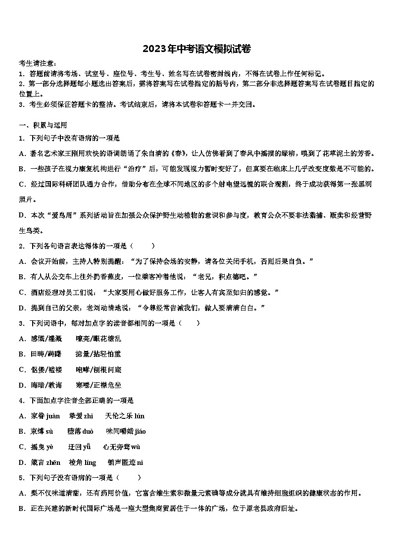 2023届湖北省宜昌市第十六中学初中语文毕业考试模拟冲刺卷含解析01