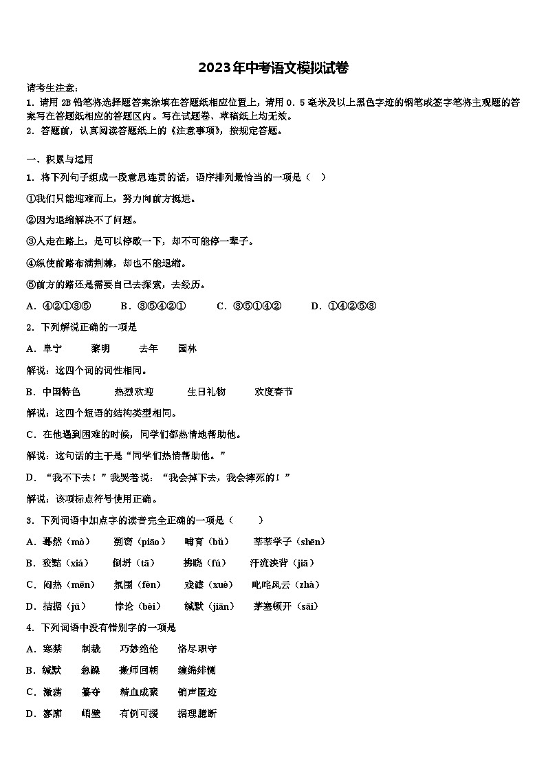 2023届湖南省郴州市达标名校中考语文考试模拟冲刺卷含解析01